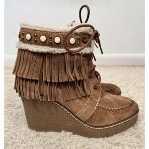 Sam Edelman‎ Kemper Brown Suede Fringe Wedge Lace Up Ankle Booties Size 9.5 Boho